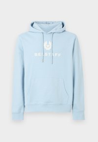 Világoskék kapucnis pulóver puha anyagból, elülső zsebbel, húzózsinórral ellátott kapucnival és fehér "BELSTAFF" logóval a mellkason.