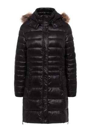Zwarte gewatteerde winterjas met een rits aan de voorkant, hoge kraag en afneembare met bont gevoerde capuchon. Bevat twee zijzakken en heeft een glanzende afwerking.
