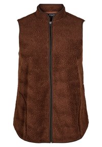 Gilet in pile marrone con colletto alto, zip frontale e superficie texturizzata. Caratterizzato da una vestibilità comoda e orlo curvo per facilitare i movimenti.