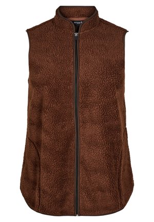 Gilet en polaire marron avec un col montant, fermeture éclair frontale et surface texturée. Il présente une coupe décontractée et un ourlet incurvé pour une grande liberté de mouvement.