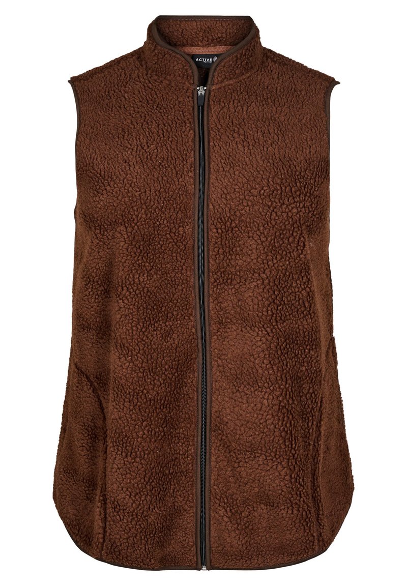 Gilet in pile marrone con colletto alto, zip frontale e superficie texturizzata. Caratterizzato da una vestibilità comoda e orlo curvo per facilitare i movimenti.
