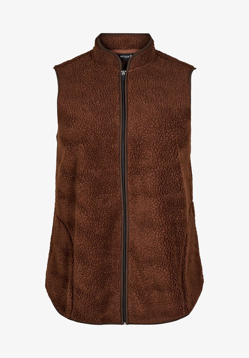 Brun fleecevest med høj krave, frontlynlås og struktureret overflade. Har en afslappet pasform og buet kant for nem bevægelse.