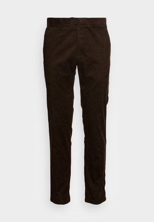 Brown corduroy pants with vertical ribbed texture, straight-leg cut, a front button fastening, and belt loops. No additional details present.