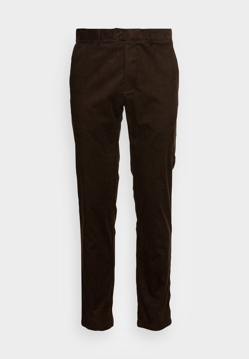 Pantalons en corduroy marron avec une texture côtelée verticale, coupe droite, fermeture à bouton sur le devant et passants de ceinture. Pas de détails supplémentaires.