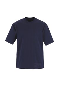 Navy blue t-shirt made of soft cotton, featuring a round neck, short sleeves, and a discreet logo on the front hem. Simple design, relaxed fit.
