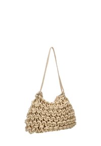 Bolso de mano de tela beige con nudos, de superficie texturizada, una correa para el hombro y forma redondeada. Presenta un zipper plateado y acentos.