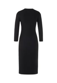 Schwarzes Kleid mit langen Ärmeln und einer figurnahen Silhouette. Glatte Textur und knielanger Schnitt mit rundem Ausschnitt und dezenten Details am Rücken.