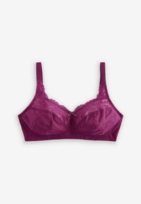 Paarse bh met kantdetails aan de bovenkant, gladde satijnen cups, verstelbare bandjes en een klein strikaccent aan de voorkant.