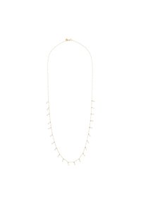 Collana in tono oro caratterizzata da una catena delicata con piccoli accenti a perline distribuiti in modo uniforme. Design semplice con chiusura a moschettone.