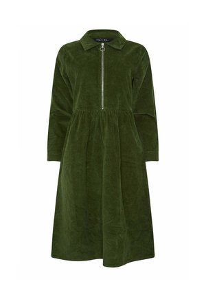 Groene corduroy jurk met een kraag, lange mouwen, rits aan de voorkant en een gather taille. Glad textuur, knielange ontwerp en effen kleur.
