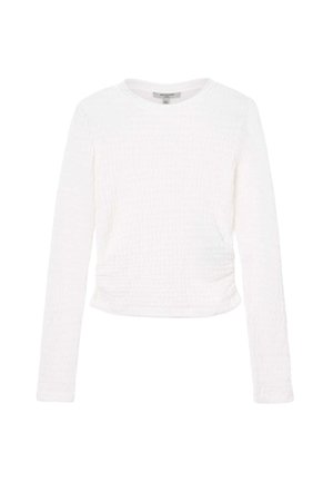 Biała bluzka z długim rękawem o fakturowanej powierzchni, okrągłym dekolcie i skróconym końcu. Wykonana z lekkiego materiału, charakteryzująca się luźnym krojem.