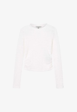 Hvid langærmet top med en struktureret overflade, rund halsudskæring og cropped kant. Lavet af letvægtsstof, med en afslappet pasform.
