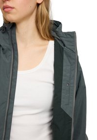 Gray zip-up jacket with a hood, featuring a smooth texture, side pockets, and a button detail. Worn over a white tank top.