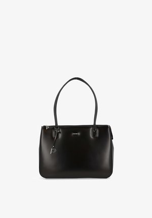 Sac cabas en cuir noir avec deux anses, une fermeture éclair et un petit logo métallique de la marque au centre avant.