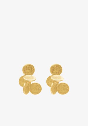 Złote kolczyki z serią teksturowanych okrągłych dysków w różnych rozmiarach, artystycznie ułożonych, z wypolerowaną powierzchnią.