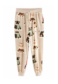 Pantaloni joggers bej cu șnur la talie, având un model cu animale ilustrate purtând accesorii de iarnă și teme de sărbători.
