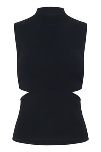 Schwarzes ärmelloses Turtleneck-Top mit tailliertem Design, gerippter Textur und ausgeschnittenen Details an den Seiten, gefertigt aus dehnbarem Material.