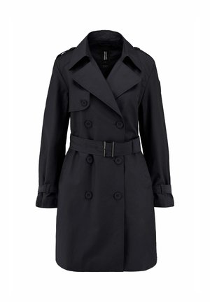 Zwarte double-breasted trenchcoat met brede revers, met knopen vastgemaakte riempjes aan de manchetten, schouderepauletten en een ceintuur in de taille.