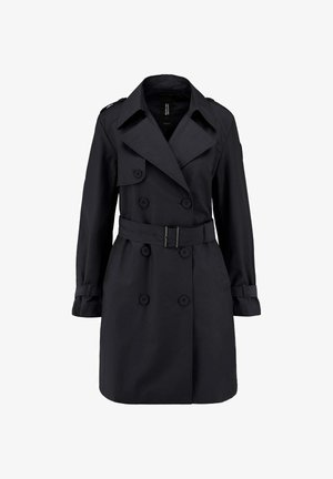 Zwarte double-breasted trenchcoat met brede revers, met knopen vastgemaakte riempjes aan de manchetten, schouderepauletten en een ceintuur in de taille.
