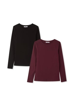 Due magliette a manica lunga: una nera e una bordeaux scuro. Entrambe presentano un collo rotondo e sono realizzate in un morbido e elastico misto cotone.