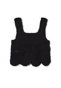 Top in crocheted nero con scollatura quadrata, spalline larghe e dettagli a motivo circolare, caratterizzato da un orlo ondulato. Design testurizzato e leggero.