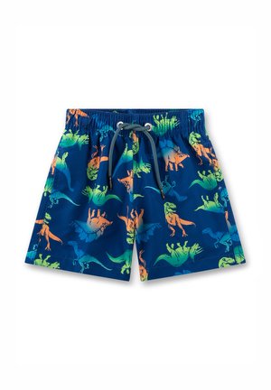 Costume da bagno corto blu navy per bambini con stampe di dinosauri verdi, arancioni e blu e coulisse in vita sul davanti.