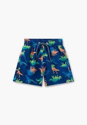 Costume da bagno corto blu navy per bambini con stampe di dinosauri verdi, arancioni e blu e coulisse in vita sul davanti.