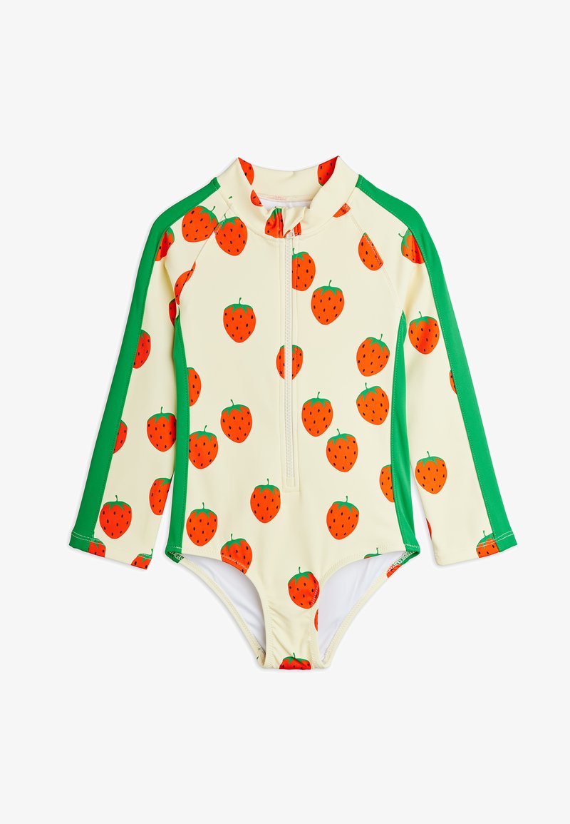 Μακρυμάνικο μπεζ μαγιό με πράσινες πλαϊνές πινελιές και πορτοκαλί εκτυπώσεις φράουλας, με φερμουάρ μπροστά και ψηλό γιακά.