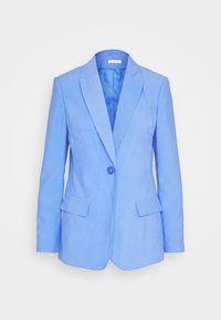 Hellblaues Blazer mit taillierter Passform, einreihigem Knopfverschluss, Reverskragen und zwei vorderen Taschen. Hergestellt aus einem strukturierten Stoff.