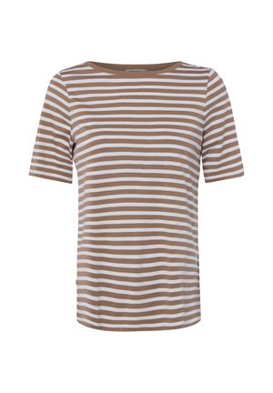 Kurzärmeliges T-Shirt mit Rundhalsausschnitt und horizontalen weißen sowie hellbraunen Streifen, vor weißem Hintergrund dargestellt.