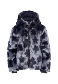 Faux bont jas met een capuchon, met een grijze basis en een donker bloemetjespatroon, ritssluiting aan de voorkant en geribde manchetten. Zachte, textuur oppervlak.