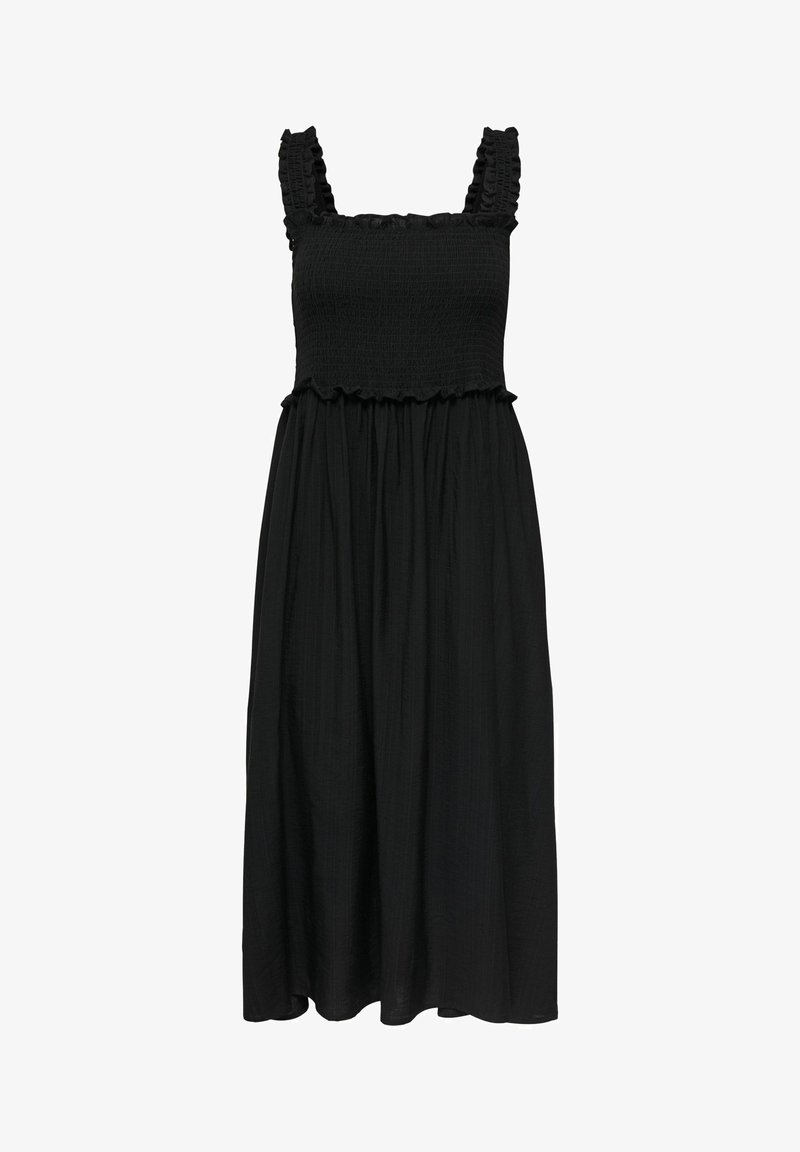 Robe midi noire sans manches avec bretelles à volants, corsage smocké et jupe fluide.