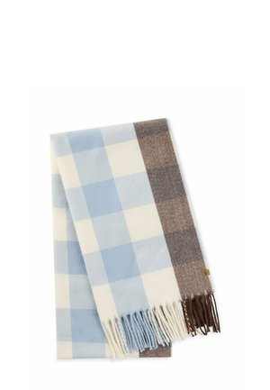 Écharpe à carreaux avec extrémités frangées, présentant un grand motif à carreaux en bleu clair, crème et marron.