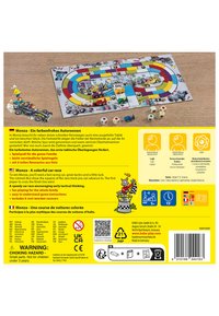 Colorful board game "Monza" features a racetrack design with wooden racecars, dice, and illustrated characters. Includes instructional text.