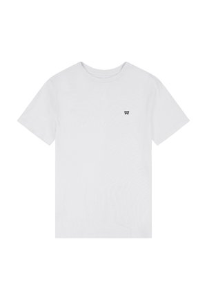 T-shirt blanc à manches courtes avec col rond et petit logo noir sur la poitrine gauche sur fond blanc uni.