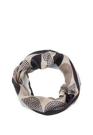 Bufanda infinita en beige, negro y azul claro con patrones geométricos abstractos y punteados, dispuesta en forma circular suelta.