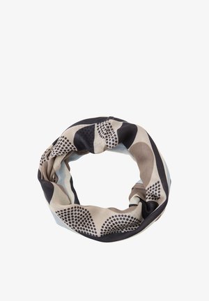 Beige, zwarte en lichtblauwe infinity sjaal met abstracte geometrische en gestippelde patronen, in een losse cirkelvorm gelegd.