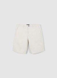 White cotton shorts featuring a button closure, two side pockets, and a straight leg design. Suitable for casual wear.