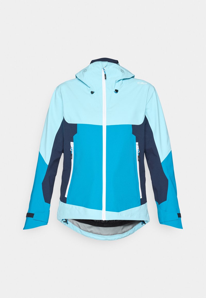 Zweifarbige Outdoor-Jacke in Hellblau und Marineblau mit Reißverschluss vorne, verstellbare Kapuze und Reißverschlusstaschen. Mit einem längeren Rücken.