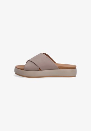 Sandales à glissière taupe clair avec un dessus en cuir synthétique. Les lanières croisées présentent une texture lisse. Semelle épaisse en plateforme avec une base en caoutchouc marron.