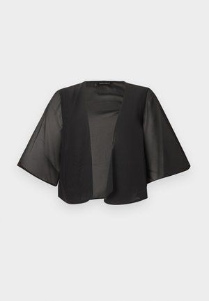 Blouse noire transparente à ouverture frontale avec larges manches kimono, tissu léger et coupe décontractée.