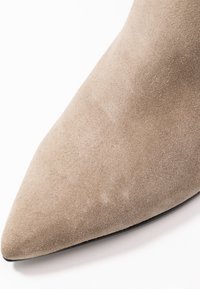 Beżowe zamszowe buty na czubku mają gładką teksturę i elegancki, smukły design. Podeszwa jest czarna, co stanowi kontrast dla cholewki.