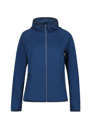 Blue zip-up jacket with hood, textured fabric, long sleeves, and zippered side pockets, displayed on a white background.