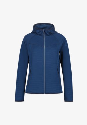 Blue zip-up jacket with hood, textured fabric, long sleeves, and zippered side pockets, displayed on a white background.
