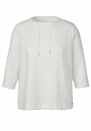 Sweat-shirt blanc à manches longues avec un col rond et des cordons, présentant un ourlet droit et une coupe décontractée.