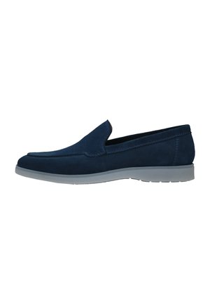 Marineblaue Wildleder-Slipper mit abgerundetem Zehenbereich, minimalen Nähten und hellgrauer Gummisohle. Durchgehend glatte Oberfläche.