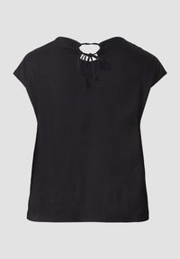 Zwart t-shirt met korte mouwen en een royale pasvorm, met een ronde uitsnijding op de rug, vastgemaakt met een dunne zwarte koord. Gladde stofstructuur.