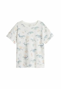 Off-white t-shirt med et akvarelprint af hvaler, søheste og koraller i bløde blå og lyse koralfarver. Korte ærmer, rund hals.