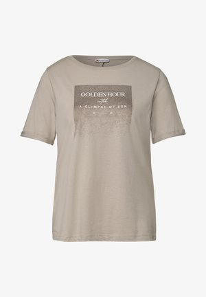 Beżowa bawełniana koszulka z okrągłym dekoltem i krótkimi rękawami. Posiada grafikę z napisem "ZŁOTA GODZINA uchwyć UJĘCIE SŁOŃCA" w brązowym kolorze.