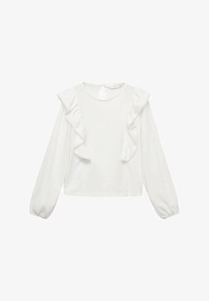 Haut blanc à manches longues avec des détails froncés sur les épaules, une ouverture en forme de clé au dos et des manches bouffantes élastiques. Texture de tissu lisse.
